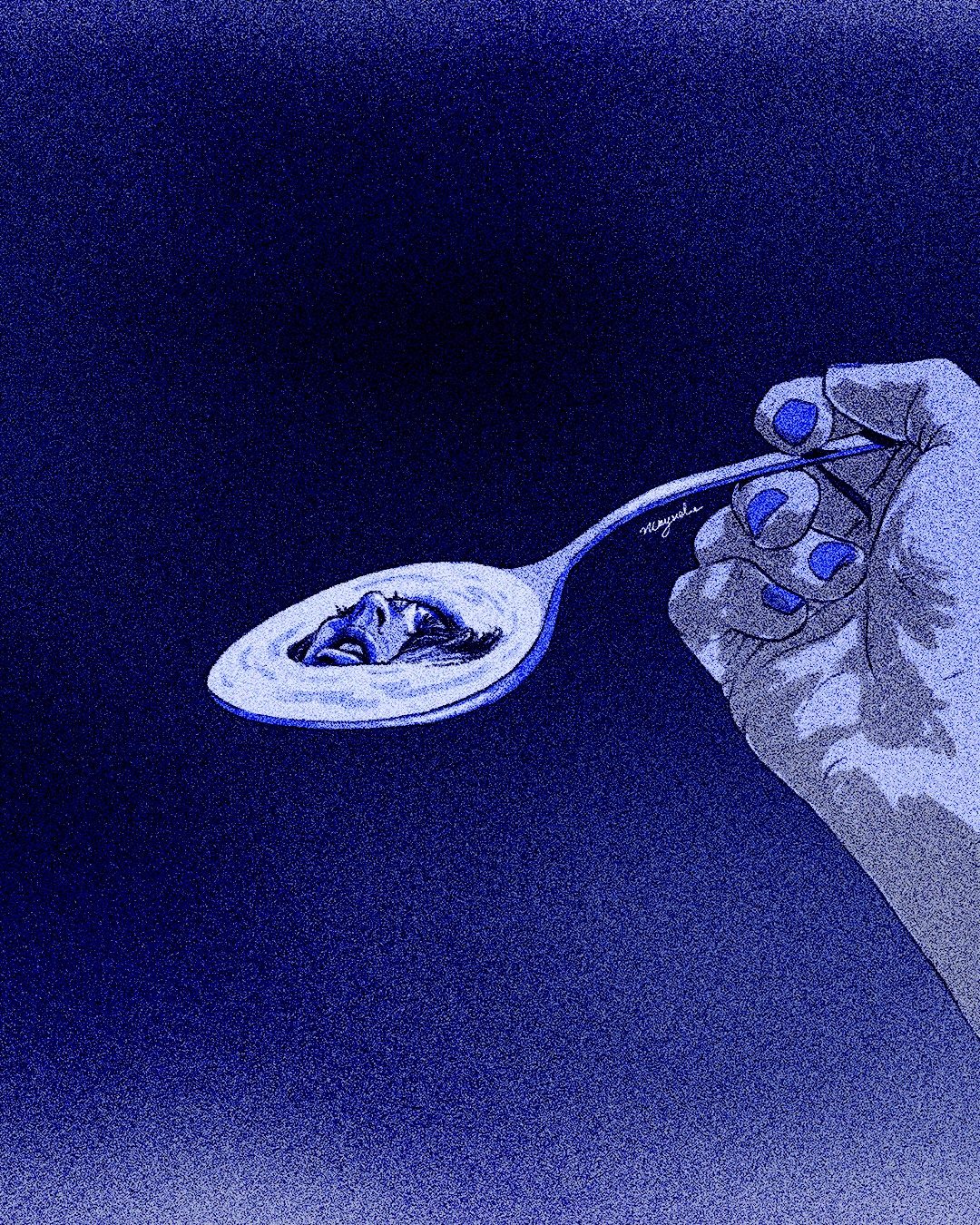 A hand holding a spoon with a face drowning in the water it carries, in deep blue