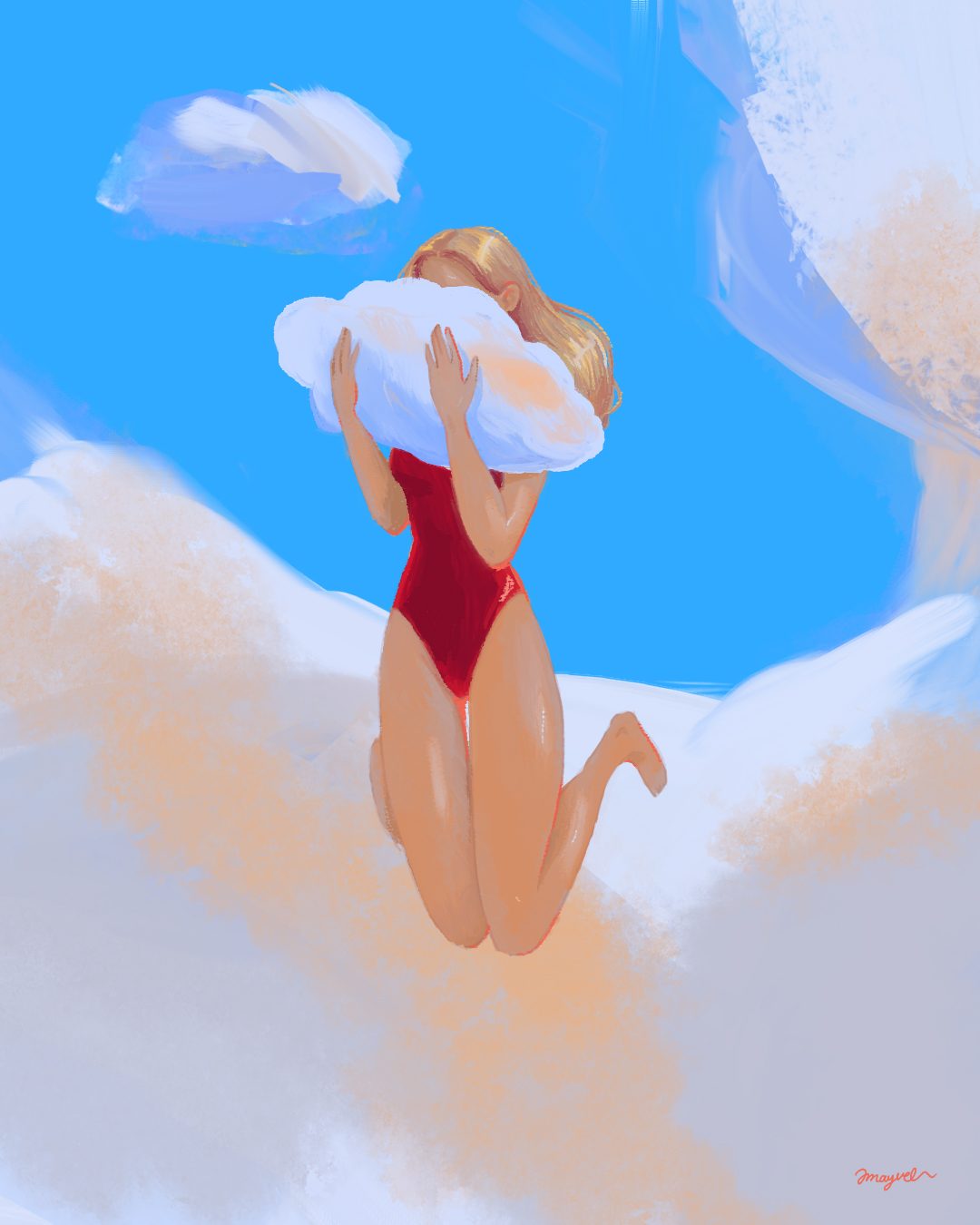 A painterly figure in a red swimsuit kneeling in the sky, holding a cloud over her face