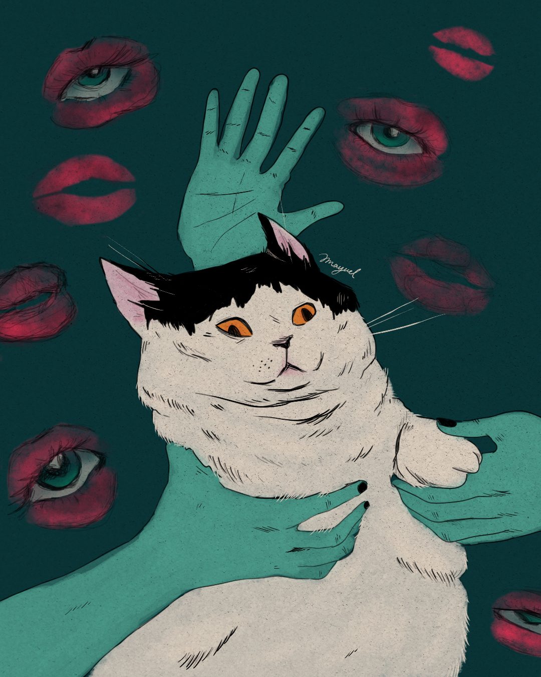 A white cat held by teal hands, surrounded by floating eyes and lips
