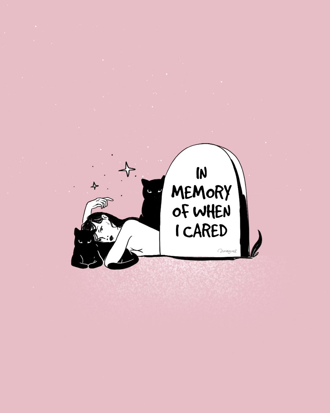 A girl lying with two black cats beside a gravestone reading In Memory Of When I Cared