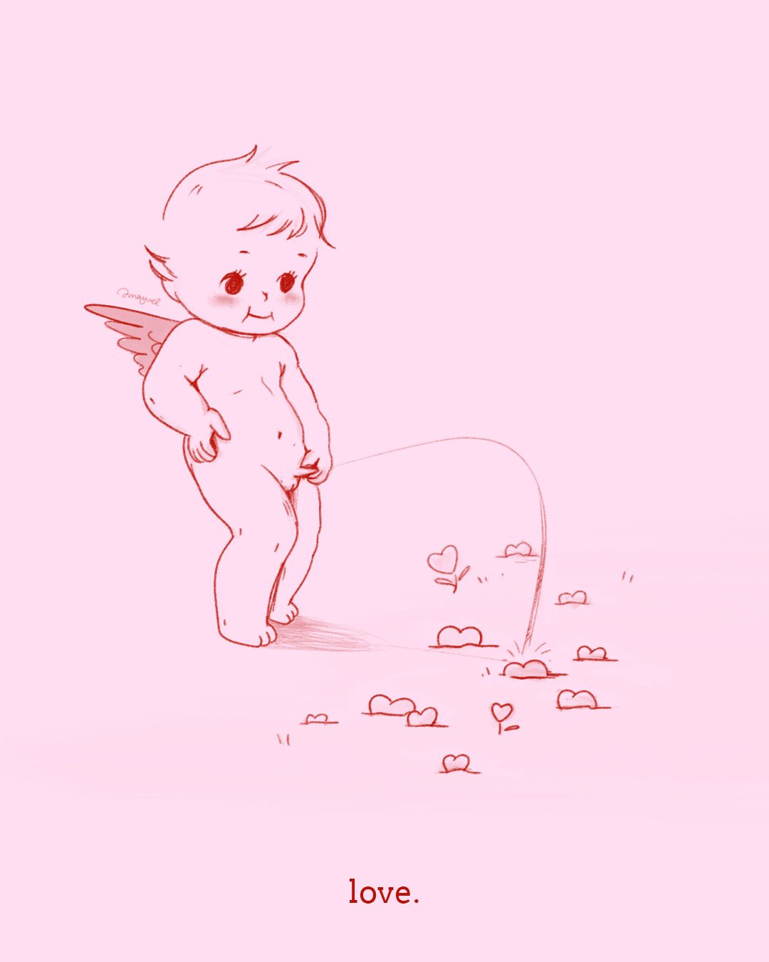 A winged cupid drawn in red pencil, watering a field of hearts
