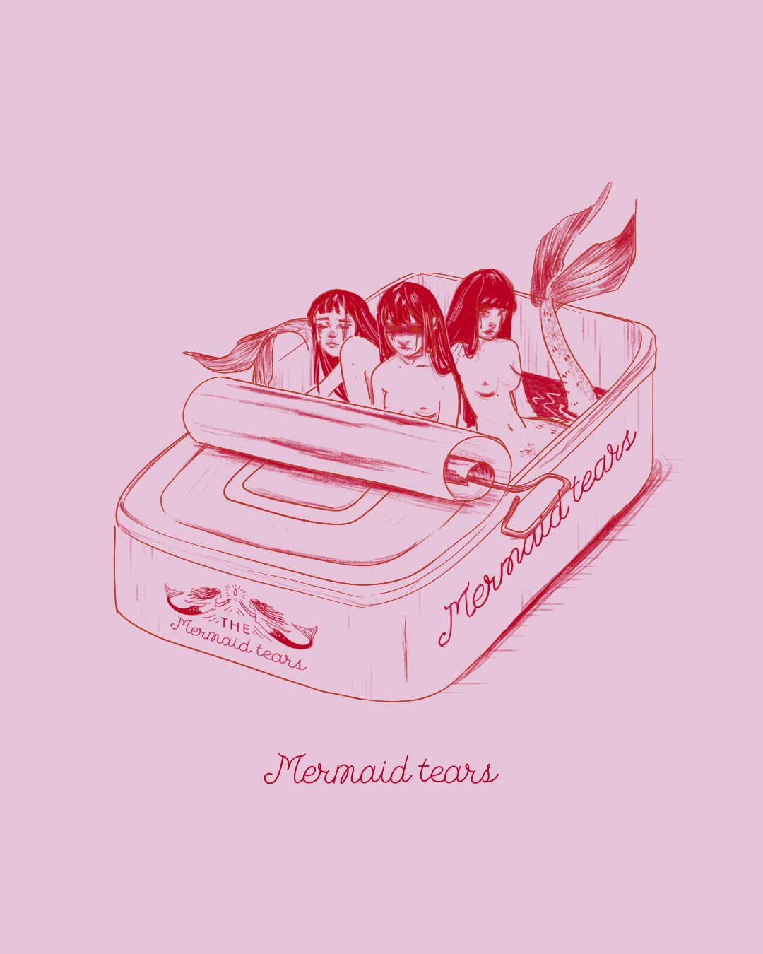 Three mermaids packed inside an opened sardine tin labelled Mermaid Tears