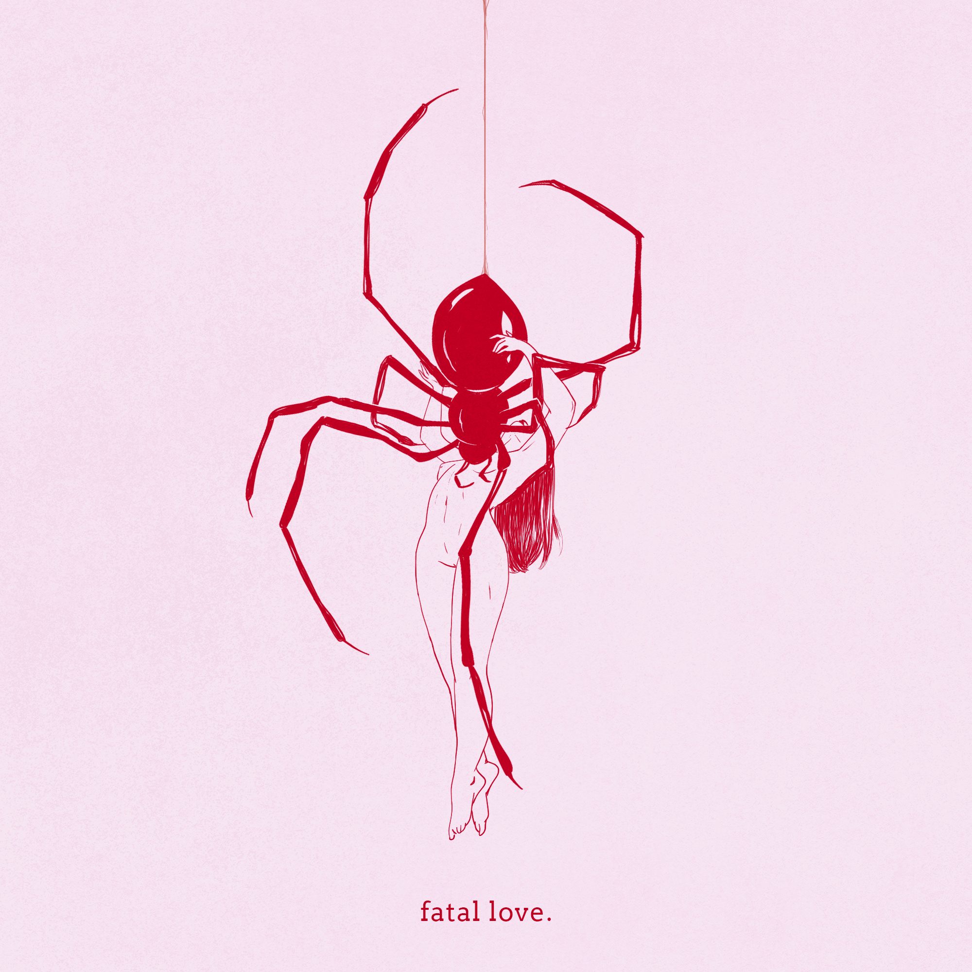 A red spider suspended on a thread, its body merging with a hanging female figure — fatal love