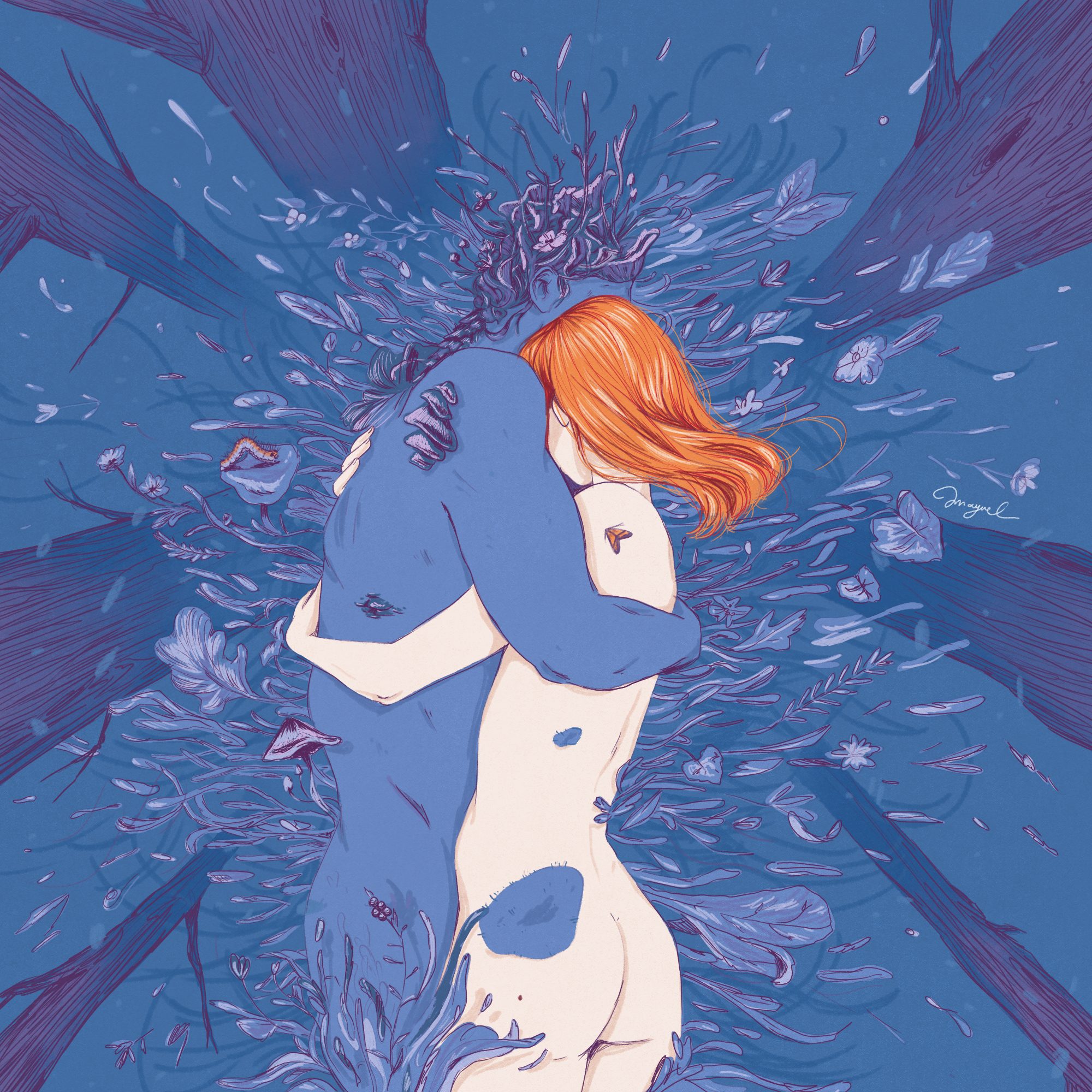 Two figures embracing among blue foliage, one merging into the other