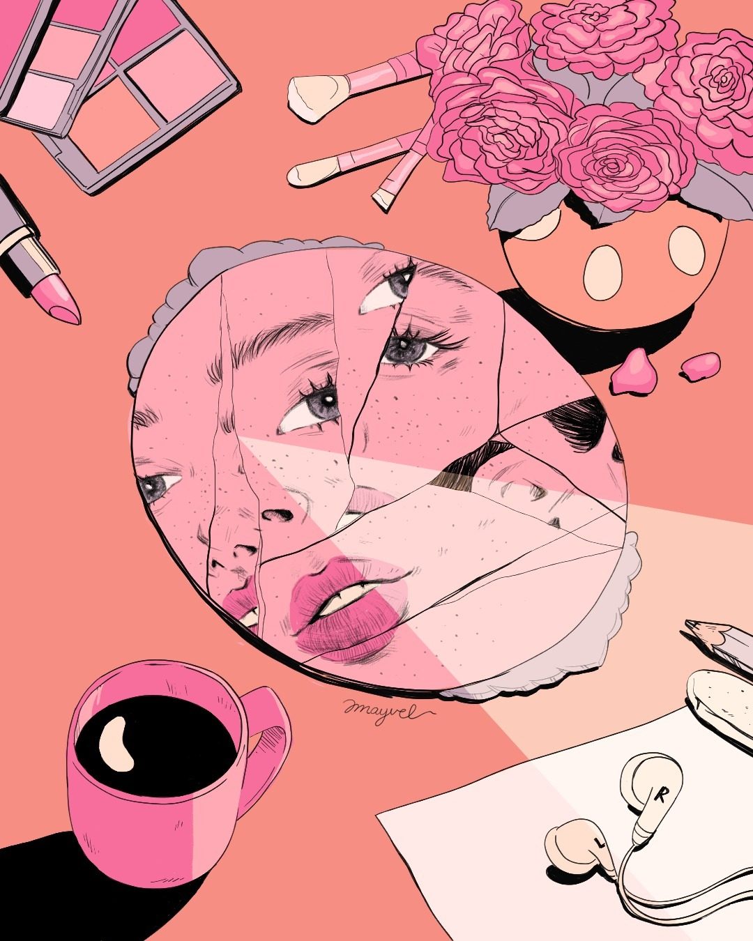 A cracked hand mirror reflecting a fragmented face, surrounded by makeup and roses in pink