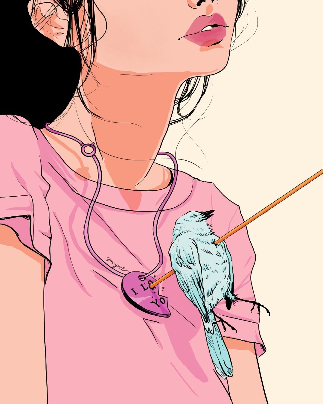 A girl in a pink shirt with a bird perched on her shoulder, pierced by the arrow through her broken heart pendant
