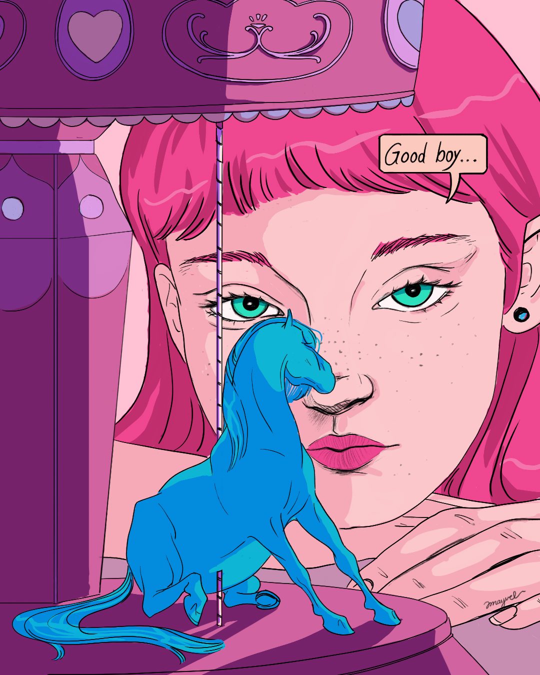 A pink-haired girl watching a blue carousel horse, saying Good boy